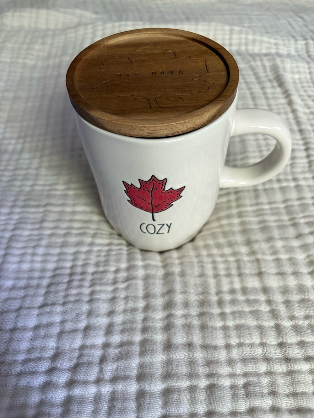 Rae Dunn Mug with Canadian maple leaf Graphic with Cozy and Wooden Lid